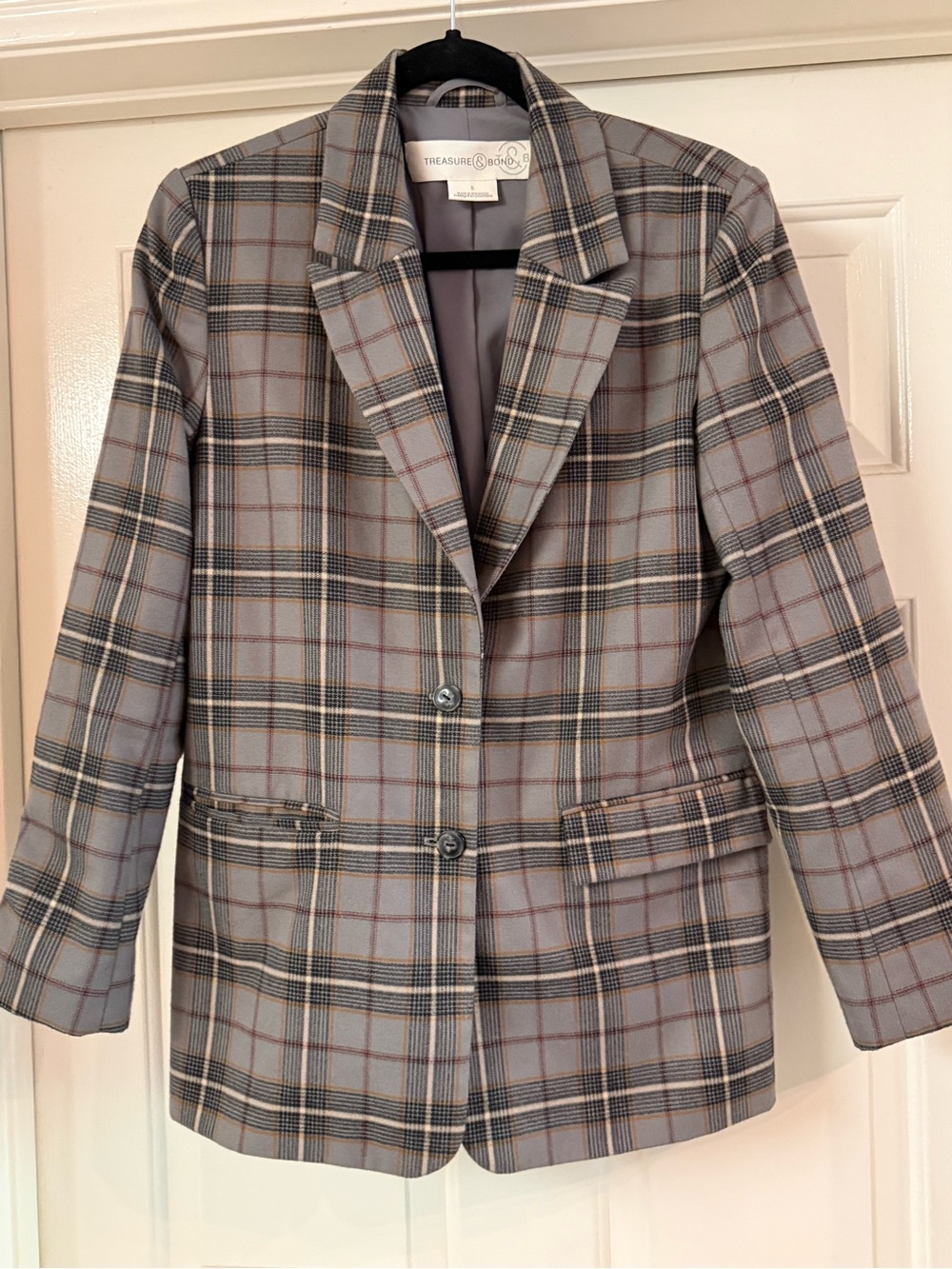 Treasure & Bond Gray Plaid Two-Button Blazer